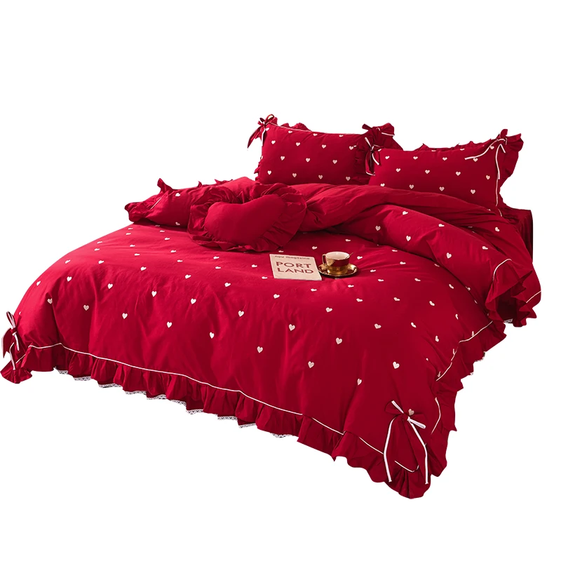 PureCotton Girl's RED Bedding Sets King QueenSize Quilt Cover Duvet Cover Bedsheet Sets BedSkirt Princess Korean Wedding Bedding