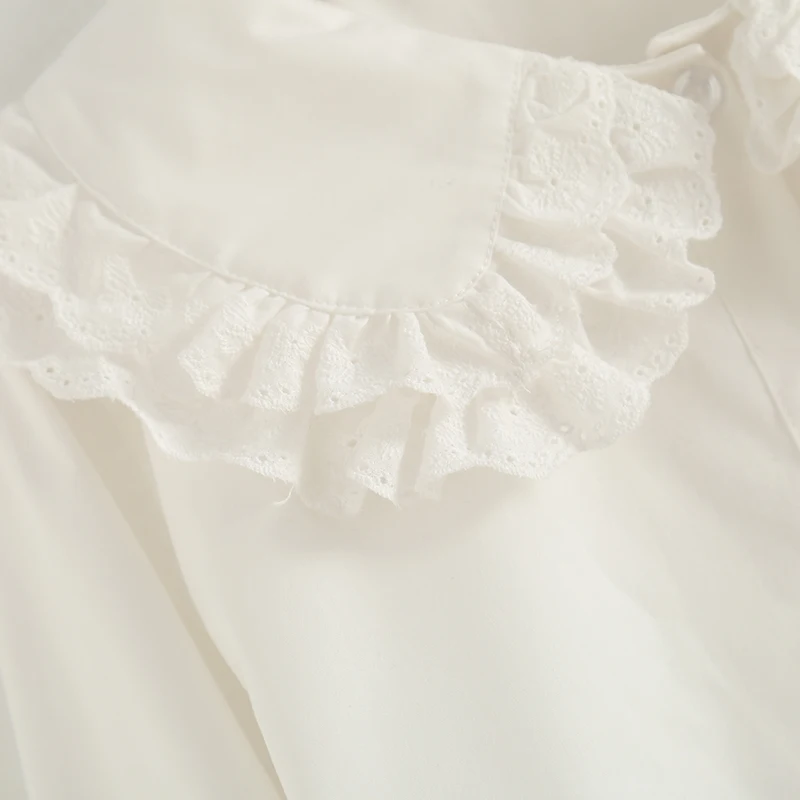 Kawaii Soft Girl Lolita Blouse Women Spring Autumn Long Sleeve Tops Cute Button Up Frilled Ruffle Peter Pan Collared Shirt White