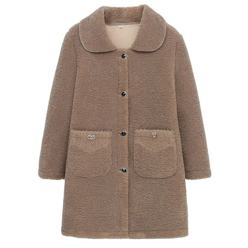 2022 XL-6XL Middle-Age Elderly Women\'s Clothing Thicken Imitation Lamb Wool Coat Mother\'s Winter Mid-Length Granular Velvet Coat