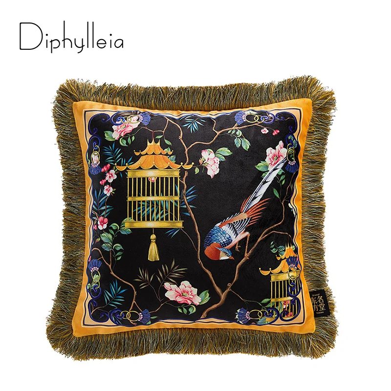 Diphylleia High End Fringed Pillow Case Luxury Velvet Cage And Bird Exotic Cushion Cover Luxe Coussin For Living Room Sofa Bed