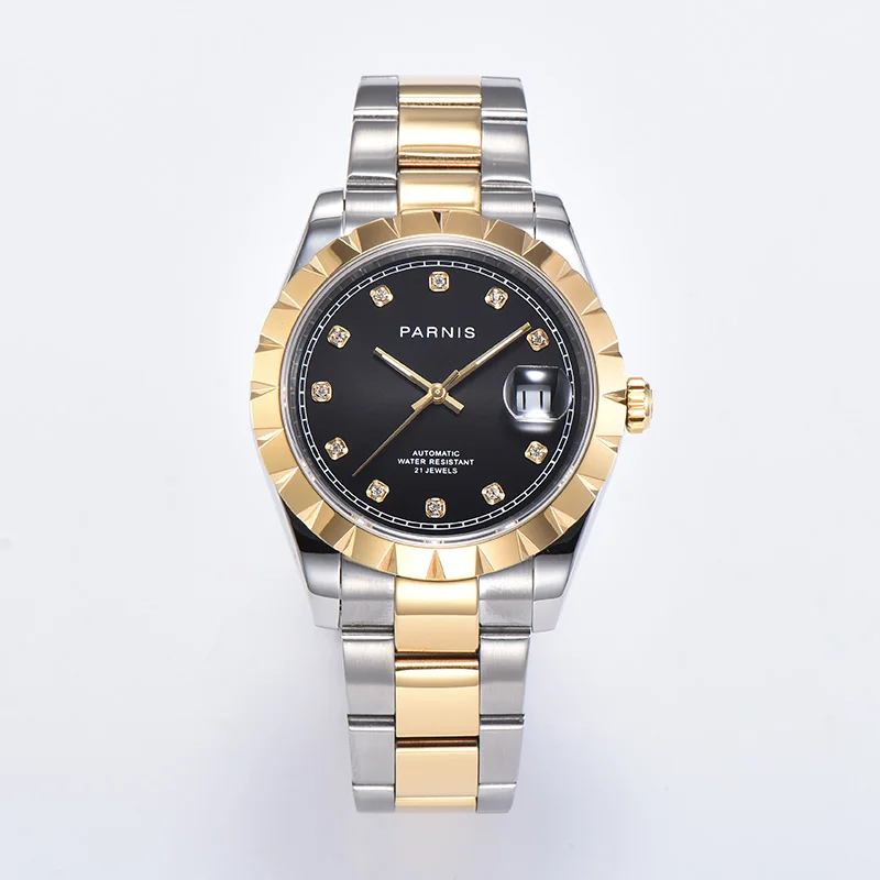 39.5mm Parnis Men's Wristwatch Black Dial Sapphire Glass Date Display Miyota 8215 Automatic Movement 316L Bracelet Two Tone