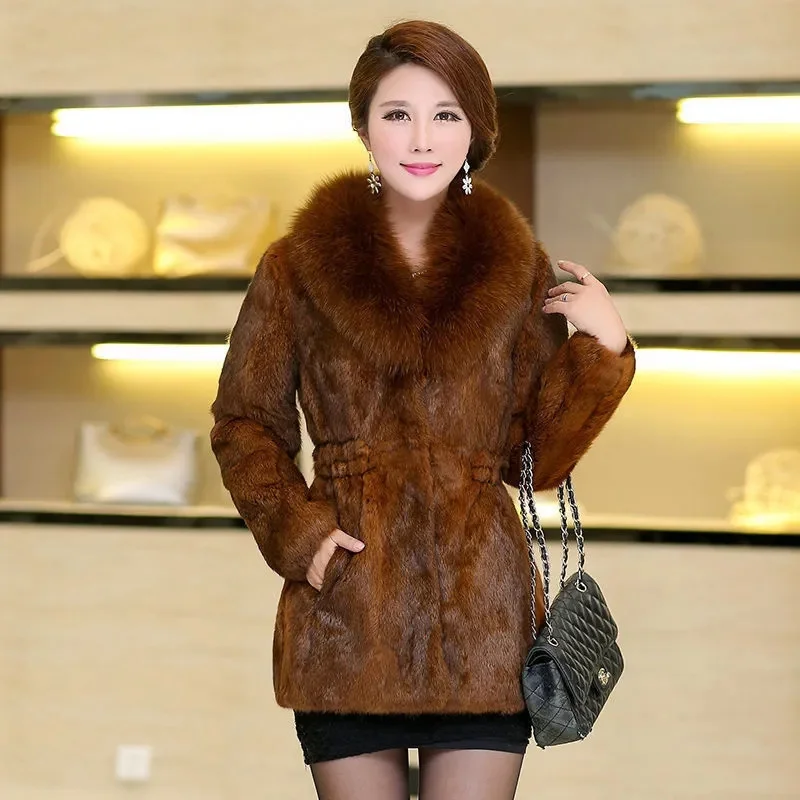 2022 Women Autumn Winter Mink Velvet Mink Fur Coat Female Mid-length Imitating Rex Rabbit Fur Middle-aged Mother Jacket A806