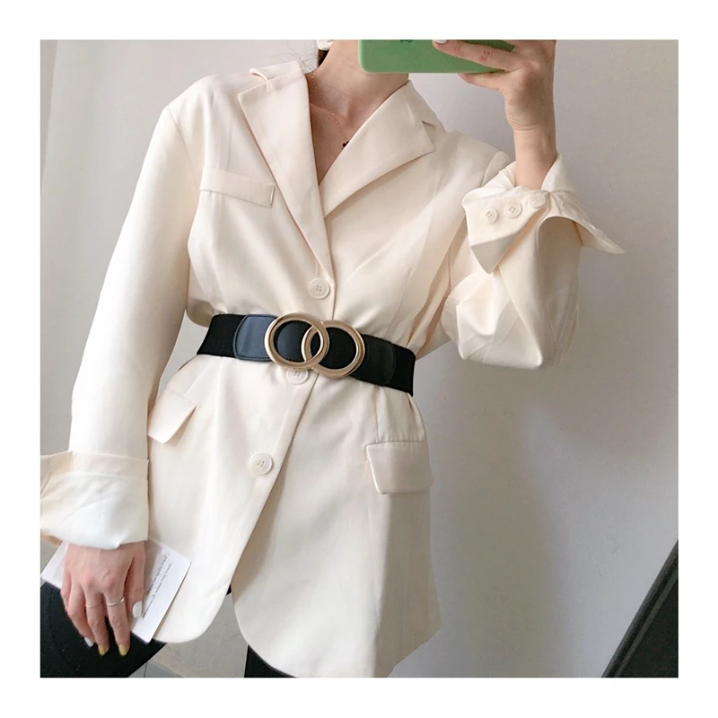 Gold double circle buckle waistbands for dress alloy buckles belt women coat black white elastic wide cummerbunds party decorate