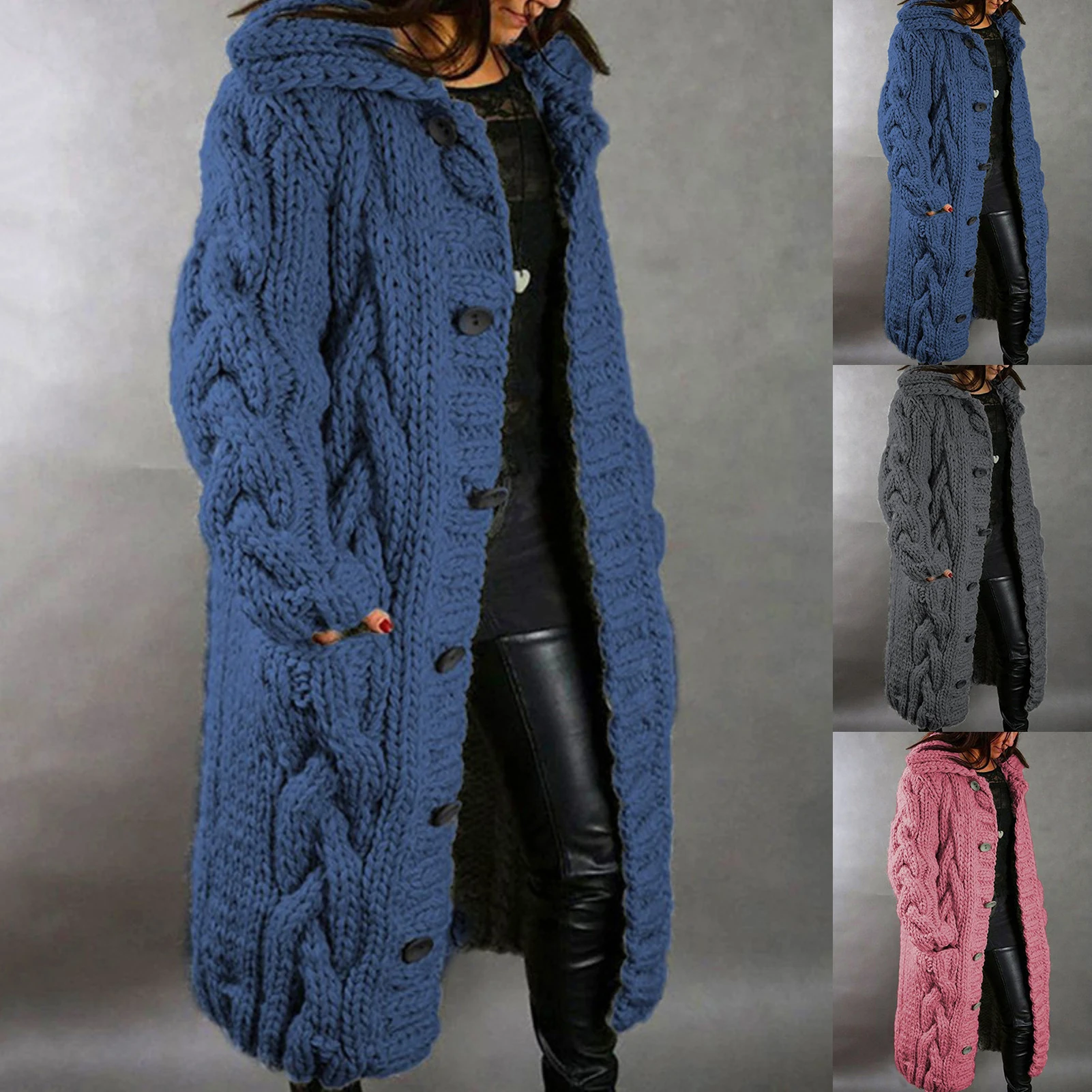 HOT SALES！！！New Arrival Women Winter Long Sleeve Twist Knitted Cardigan Pocket Buttons Warm Hooded Coat