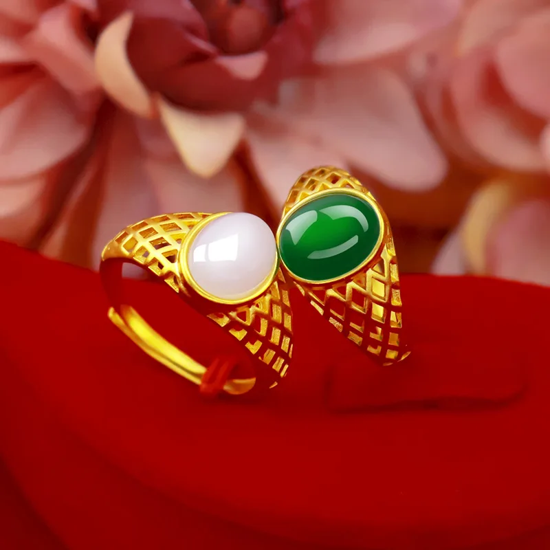 

Fashion Natural Green Emerald Ring 14k Gold Women Wedding Anniversary Stone Rings Chrysoprase Jade Gemstone Jewelry Gift Female