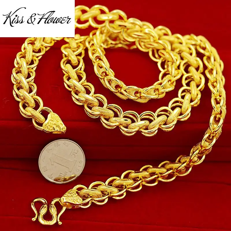 

KISS&FLOWER NK35 Fine Jewelry Wholesale Fashion Man Father Birthday Wedding Gift Vintage Wide 8/10/12mm 24KT Gold Chain Necklace