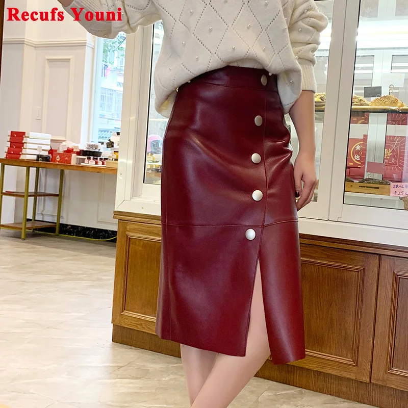 2024 New Winter Women French Retro Split Genuine Leather 65cm Long Skirt Female Knee Over Buttons Wine Red/Yellow Saia Faldas