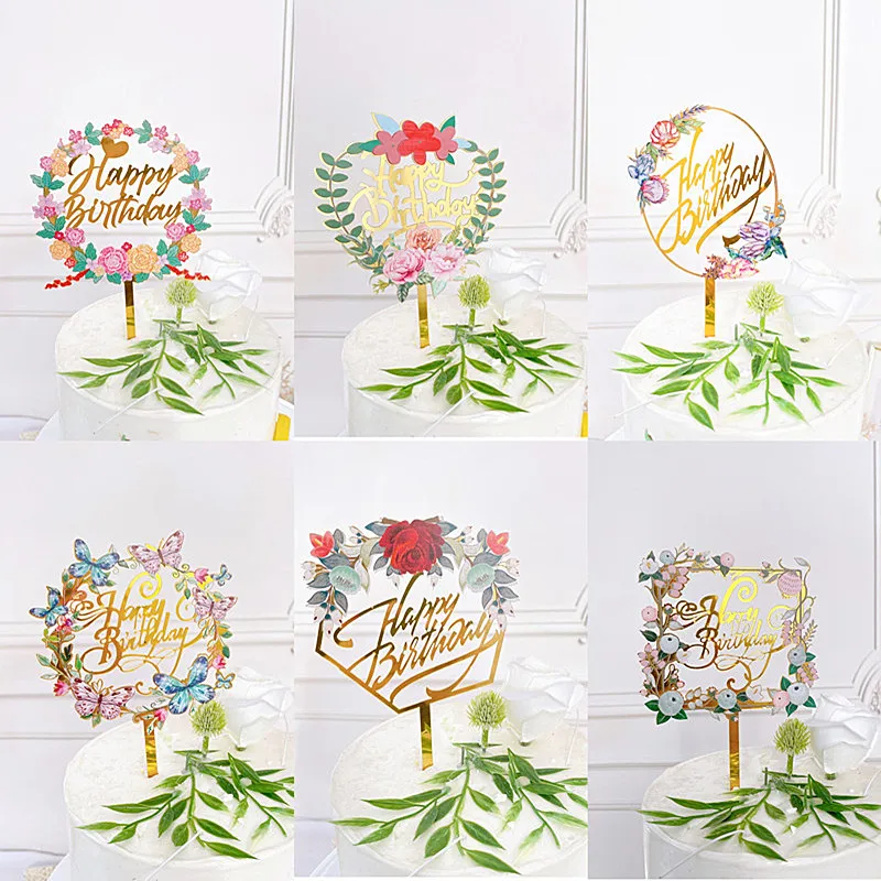 Flowers Cake Topper Happy Birthday Gold Silver Birthday Party Cake Insert Acrylic Cake Toppers Wedding Cakes Dessert Decoration