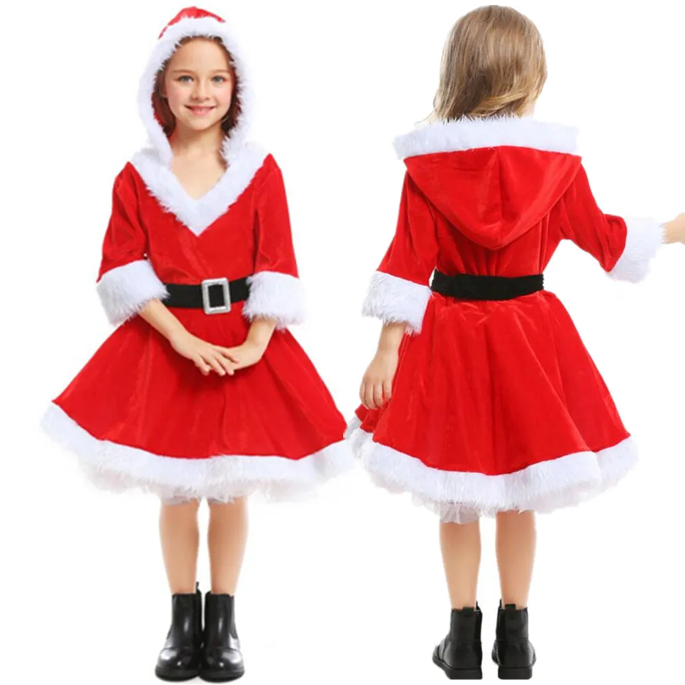 小さな女の子のためのクリスマスのベルベットドレス,105〜155cm,ファンシースーツ,クリスマスパーティードレス,コスプレ服