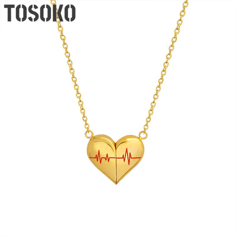 TOSOKO Stainless Steel Jewelry Magnet Suction Heart Design ECG Pendant Necklace Women's Fashion Simple Clavicle Chain BSP024