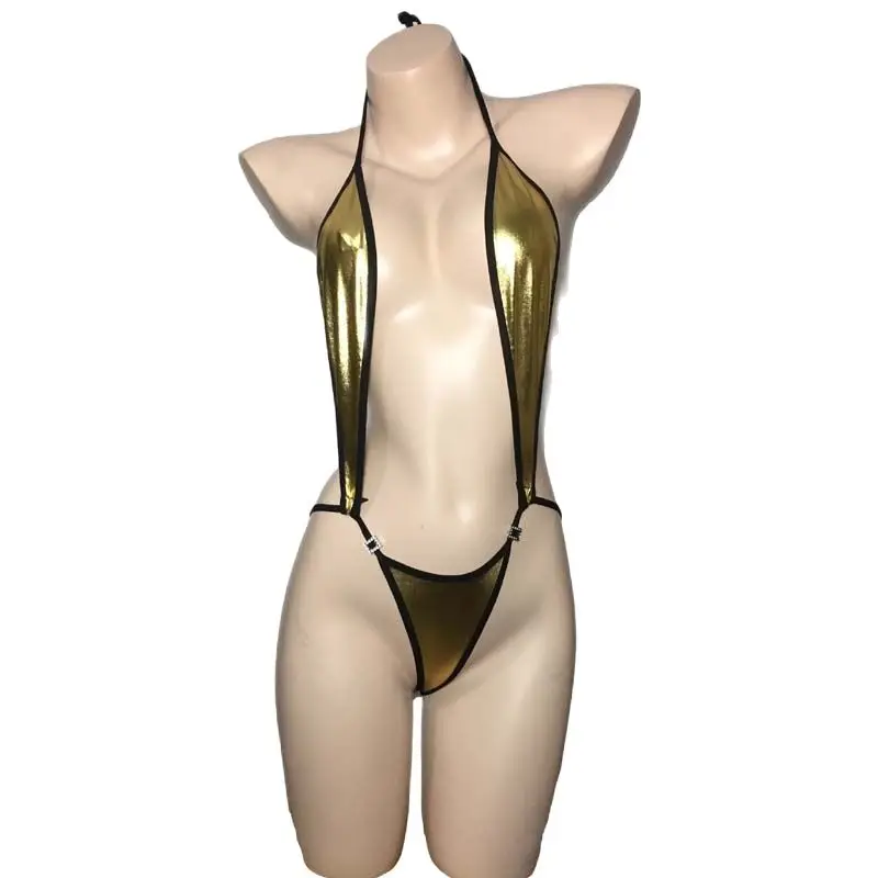 ملابس داخلية نسائية مثيرة Pu ملابس داخلية نسائية من الجلد المعدني اللامع باللون الذهبي بيكيني مكشكش ثونغ قطعة واحدة تيدي ملابس الشاطئ