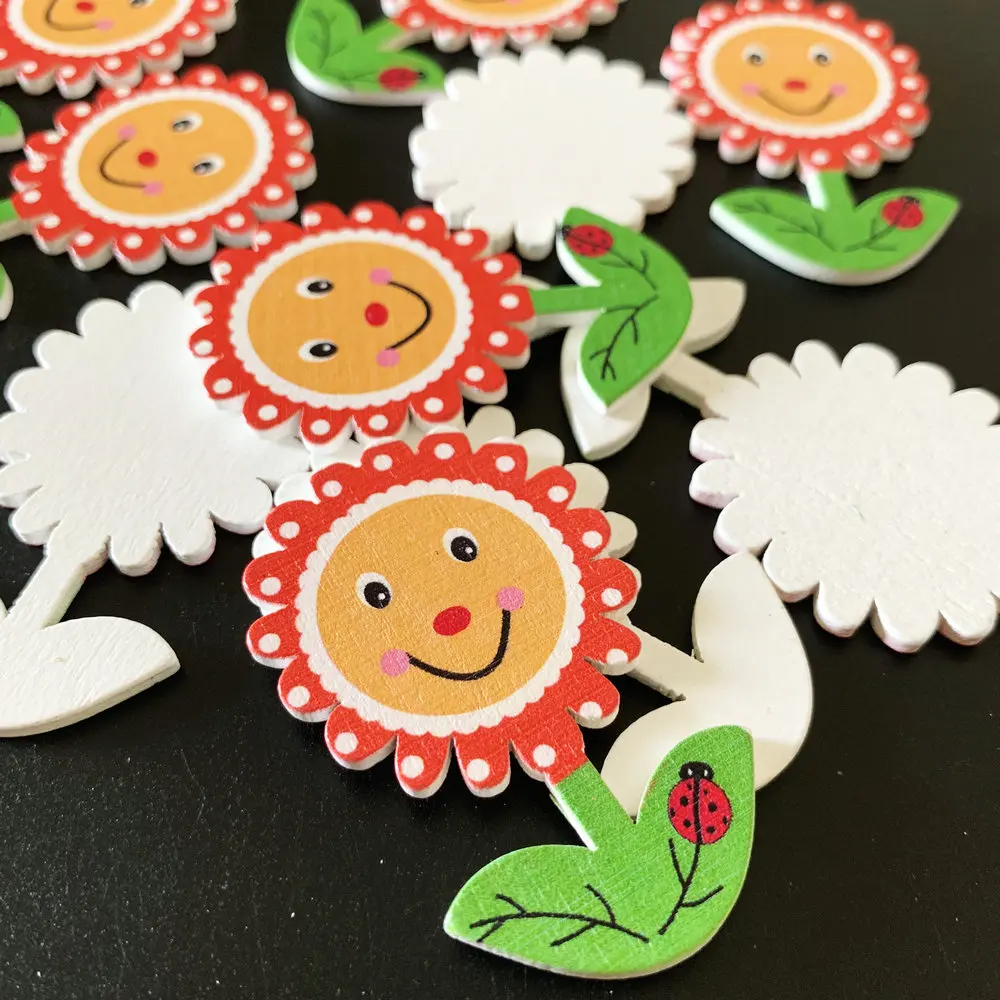 10PCS/LOT.Sunflower smile face wood stickers,Kids room decoration.Kindergarten craft material Wall stickers Garden decal Gifts