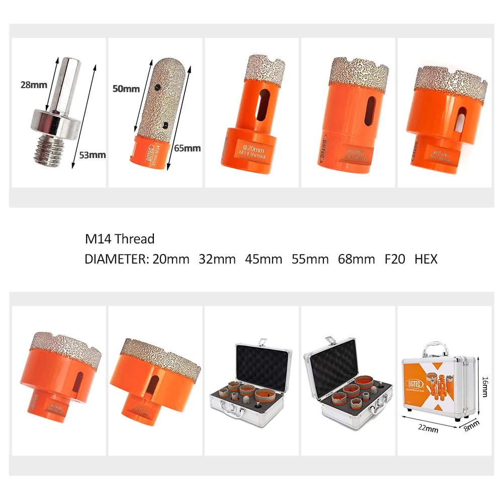 BGTEC 1set 20/32/45/55/68/F20/HEX Vacuum Brazed Diamond Drill Core Bits With Box M14 Hole Saw Granite Marble Ceramic Finger Bit