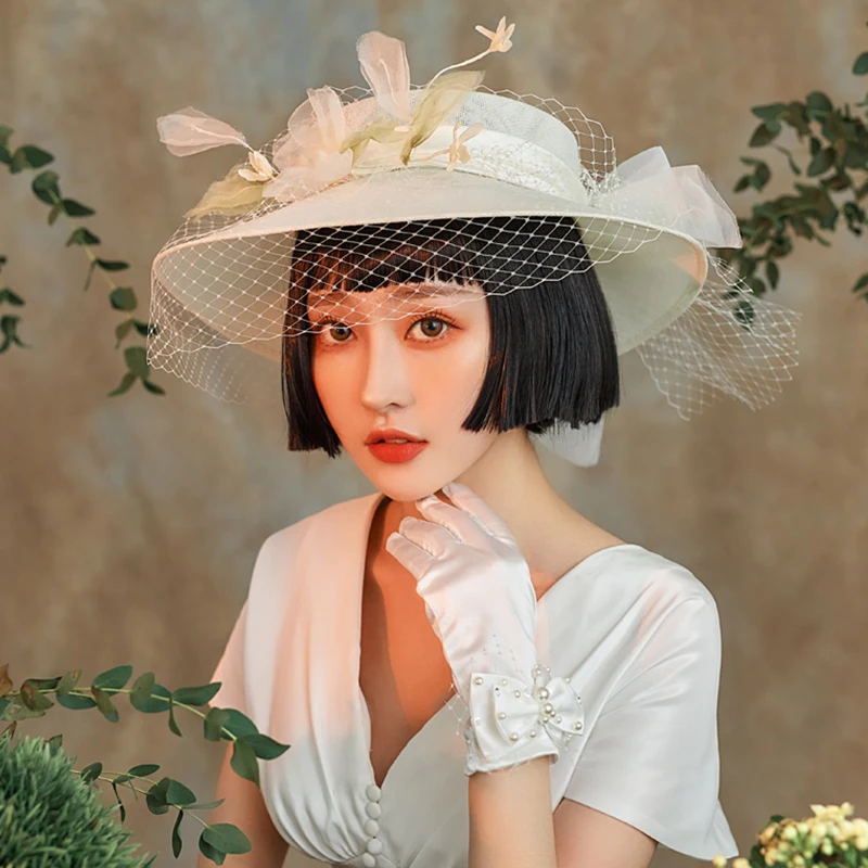 White Wedding Hats for Women Flat Top Bow Hat Bridal Autumn Winter Vintage Ladies Wide Brim Wedding Bridal Headwear Felt Hat