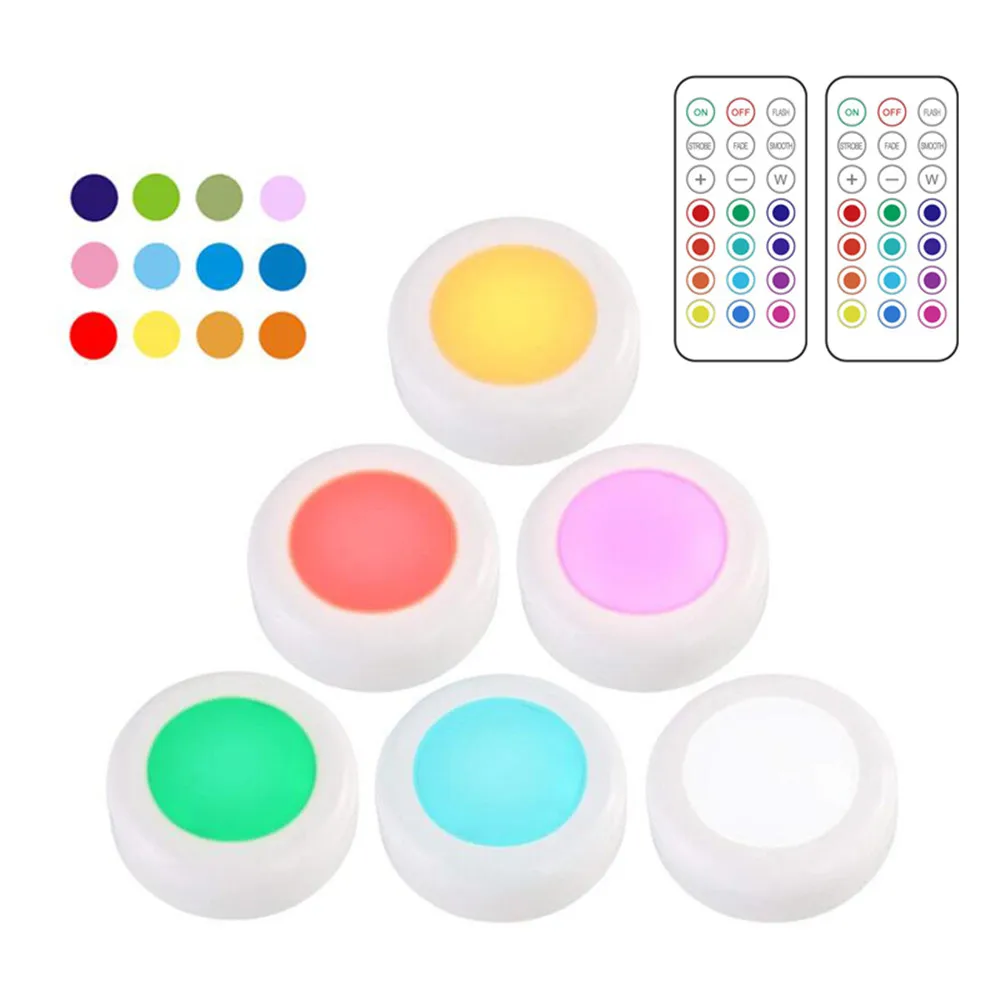 LED Cabinet Light Battery RGB Color Puck Dimmable Under Shelf Kitchen Counter Lighting Remote Controller Night Lamp