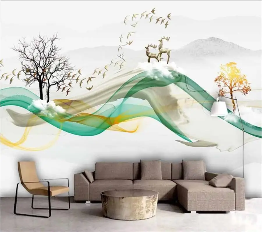 

wellyu Custom Mural Nordic Light Luxury Lines Golden Elk Golden Trees Flying Birds Background Living Room Background Wallpaper