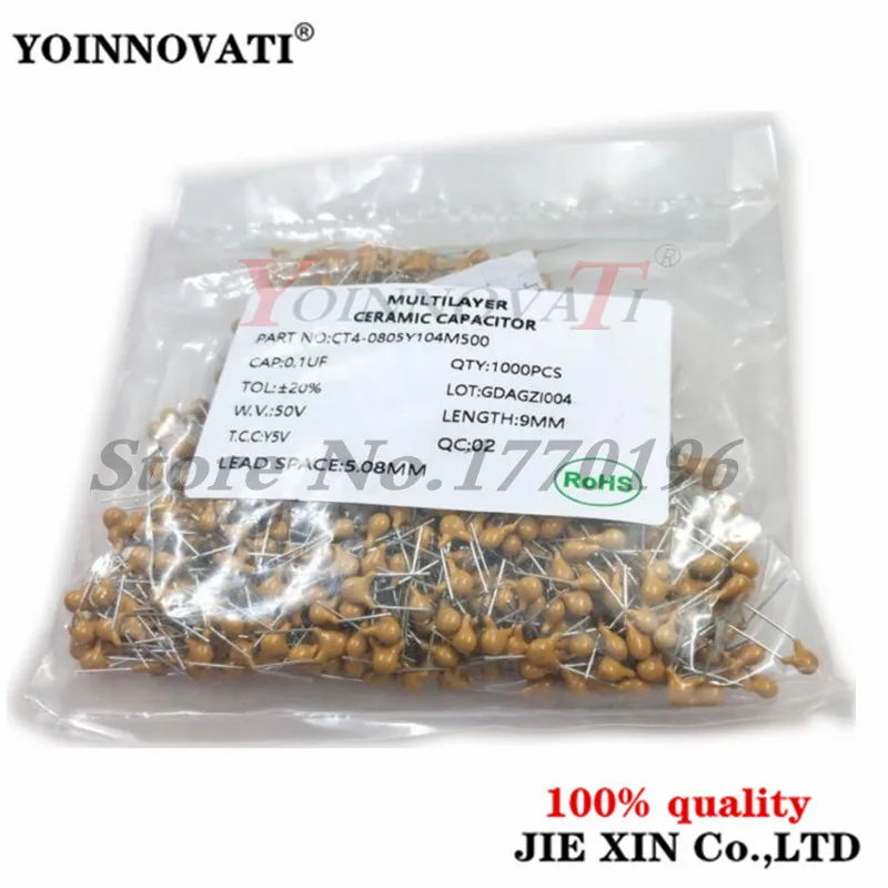 

1000pcs Multilayer ceramic capacitor 0.1UF 104 100NF 50V 104M P=5.08mm Monolithic ceramic capacitor