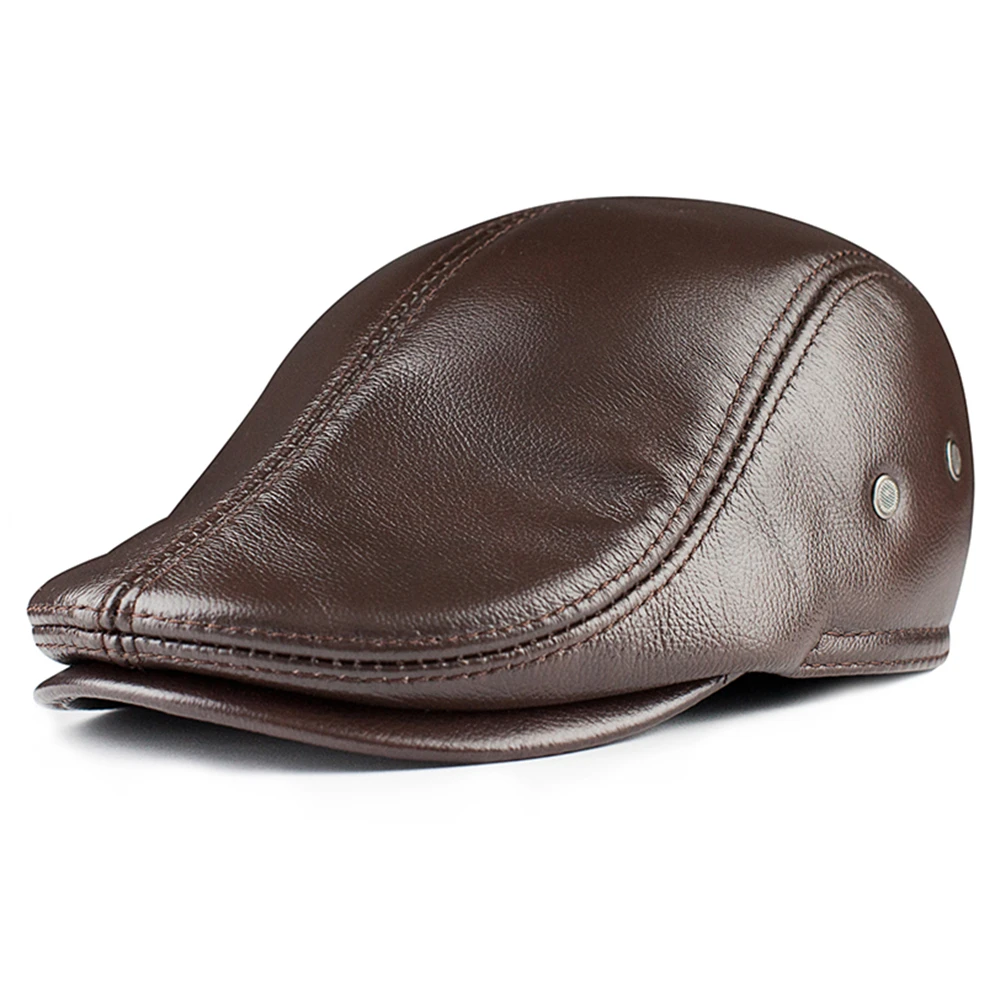 LA SPEZIA Cowskin Mens Beret Real Leather Flat Cap Brown Earflaps Warm Autumn Winter Brand Driver Ivy Hat Newsboy