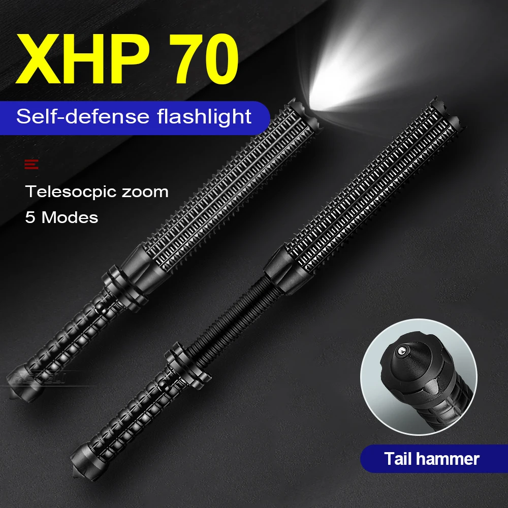 Telescopic Baton self defense Most Powerful Led Flashlight Xhp70 Tactical Flashlight 18650 Rechargeable 4core defense Hand light