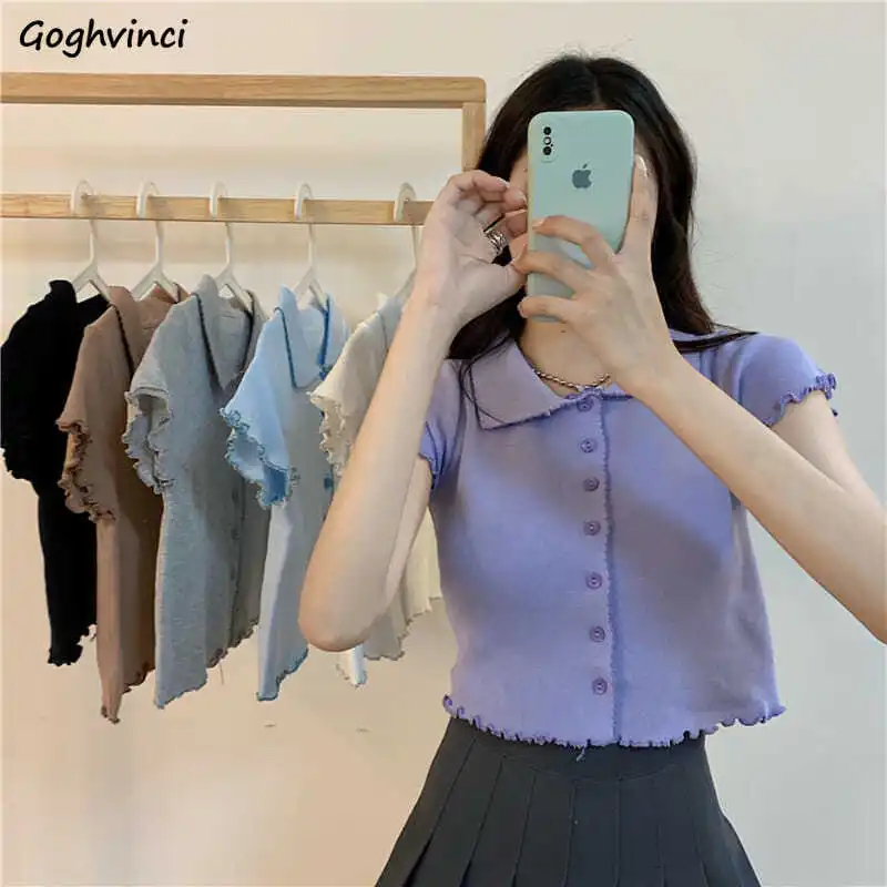 Turn-down Collar Shirts Women Solid Short Sleeve Slim Students Preppy Style Crop Tops Loose Basic Undershirts Fungus Lovely Chic