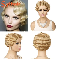 1920's Flapper fryzury fryzura Pixie peruka dla kobiet Finger Water Wave peruki w stylu Retro krótka peruka syntetyczna Sylhair