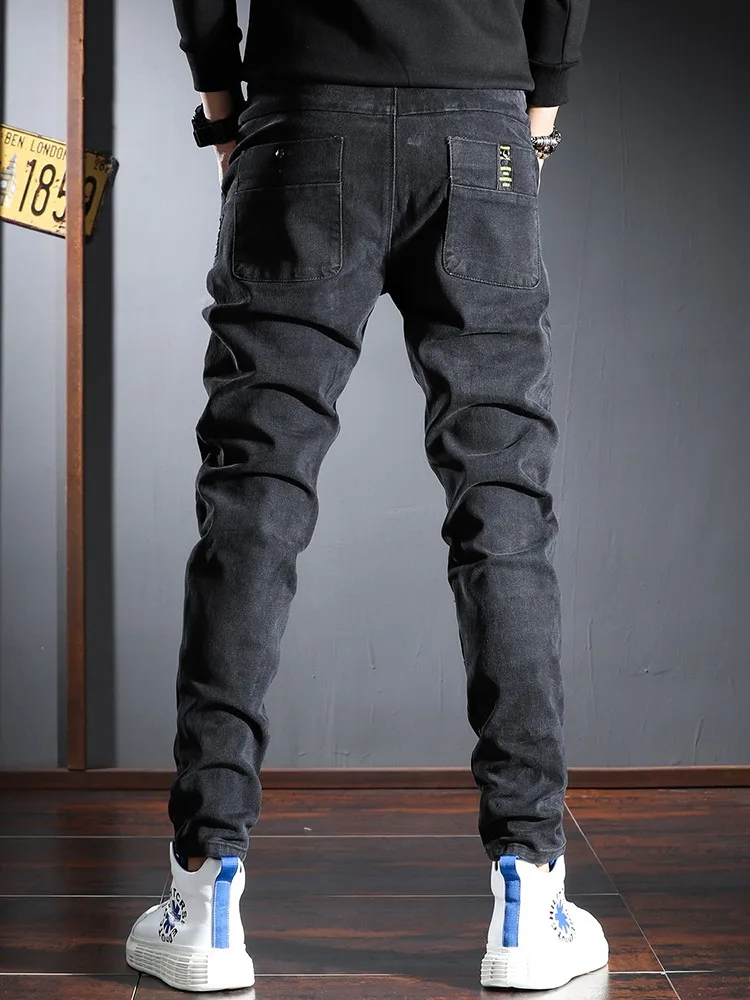 Autumn Elastic Waist Black Jeans Men Streetwear Casual Slim Fit Drawstring Denim Pants
