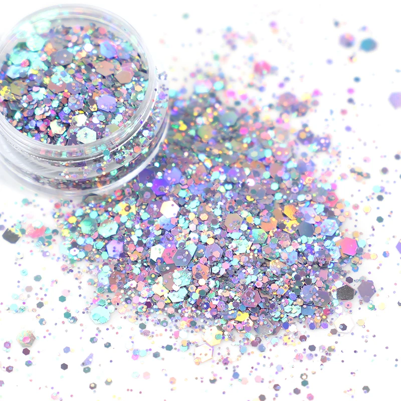 Holographische AB Aurora Nail art Pailletten Meerjungfrau Gemischt Größe Hexagon Chunky Chrome Glitter Zubehör Polnischen Maniküre Dekorationen – Detail 2