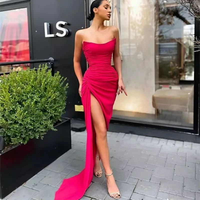 

Customized Sexy Side Split Prom Dresses Sweetheart Sleeveless Pleat Cheap Formal Party Evening Gown Sweep Train Chiffon Simple