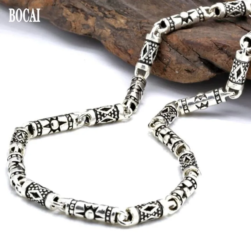 BOCAI Real S925 Silver Jewelry Sun Ray Barrel Beads Men and Women Necklace 4mm Retro Ethnic Style Stitching Necklace for Man