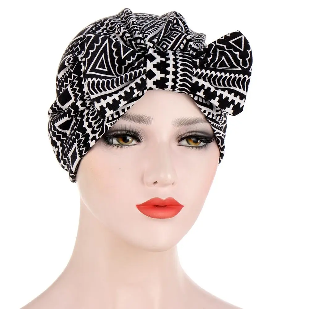 

Muslim Print Bonnet Womens Big Bowknot Stretch Hijab Turban Hat Scarf Headwear Cap Head Wrap Chemo Beanies Bows Hair Accessories