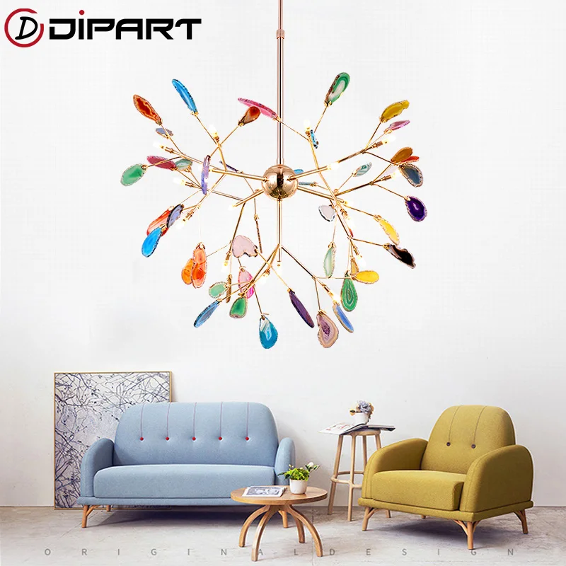 

French Country Natural Agate Leaves LED Chandelier Round Hanging Light Creative Globe ColoredChandelier Lighting Foyer Kitchen