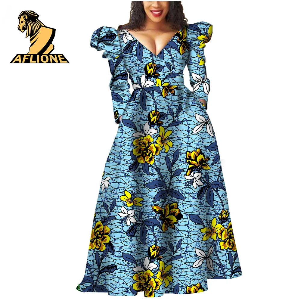 African Maxi Dresses for Women Ankara V-neck High Waist  Printed Dress Dashiki elegant Cotton Attire For Party Wedding v2125046