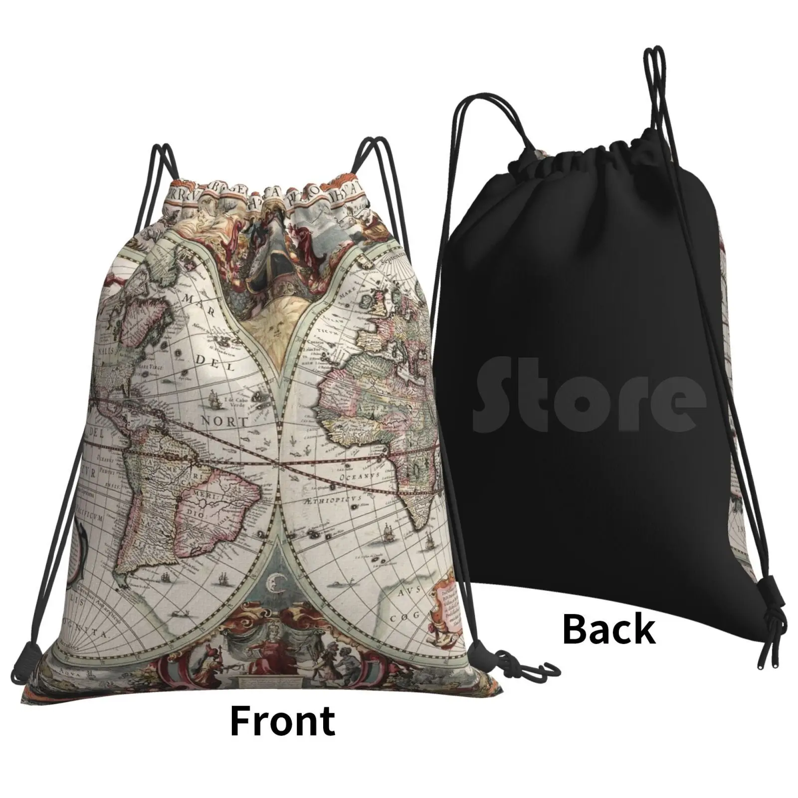 Vintage Maps Of The World. Geographic And Hydrographic Map Of The Whole World Backpack Drawstring Bags Gym Bag Waterproof