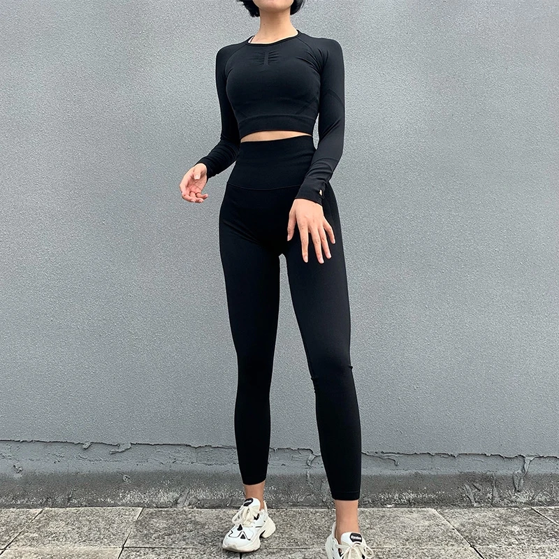 2pcs Women Seamless Yoga Set Workout Clothes Long Sleeve Gym Crop Top High Waist Leggings Fitness Sports Wear Sport Suit Gymwear