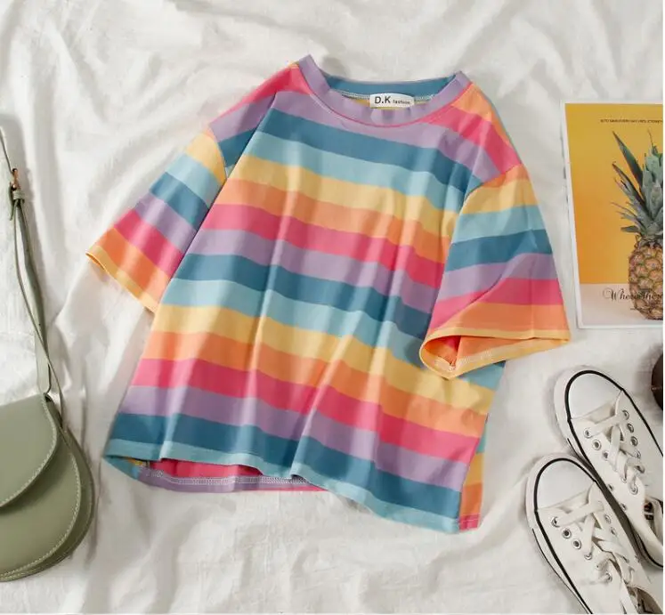 New Summer casual tshirt rainbow striped short sleeve  women t-shirt tops Harajuku Korean Style Girls female Tees