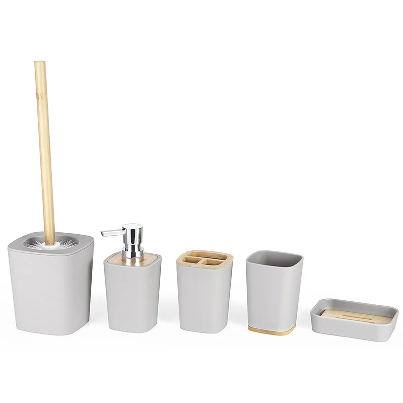 Bathroom Accessories Set Bamboo Bathroom Cleaning Kit Lotion Bottle Tumbler Soap Dish Toothbrush Holder Environmental Friendly