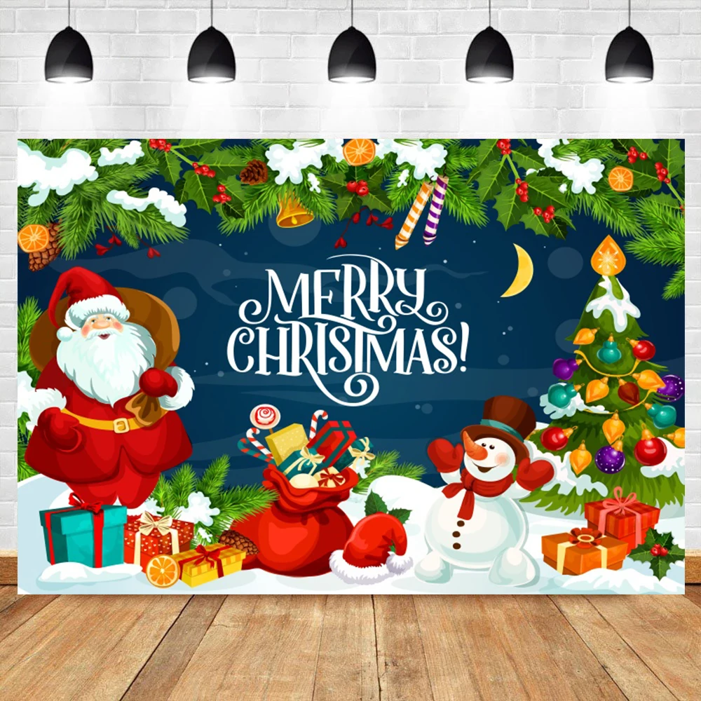 Merry Christmas Winter Backgrounds For Photo Santa Snowman Pine Tree Gift Party Portrait Photographic Backdrop For Photo Studio