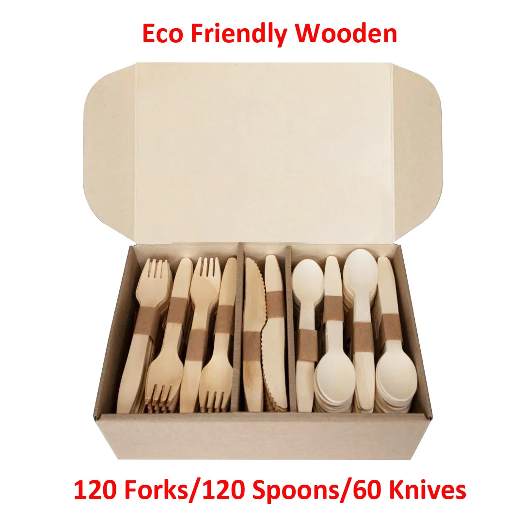 

300pcs Disposable Wooden Cutlery Set– Eco Friendly, Biodegradable, Compostable Cutlery -120 Forks,120 Spoons, 60 Knives