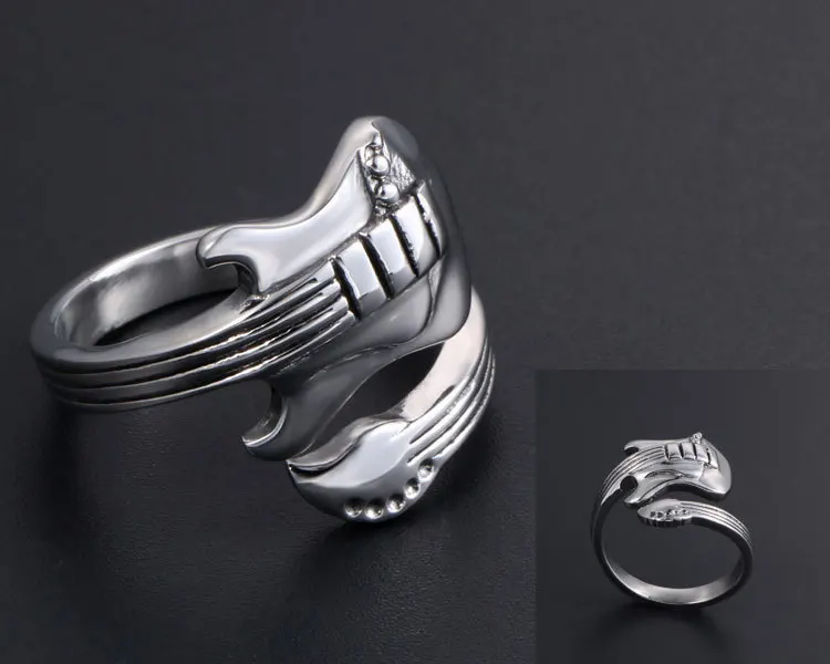 New music guitar stainless steel men\'s and women\'s rings titanium steel carved guitar punk rock classic fashion ring jewelry