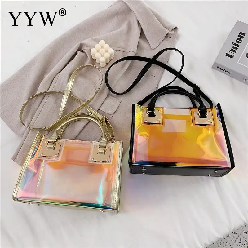 Bolsa de gelatina transparente holográfica para mujer, bolso de diseñador de PVC de alta calidad, bolso de mensajero de hombro con cadena de gran