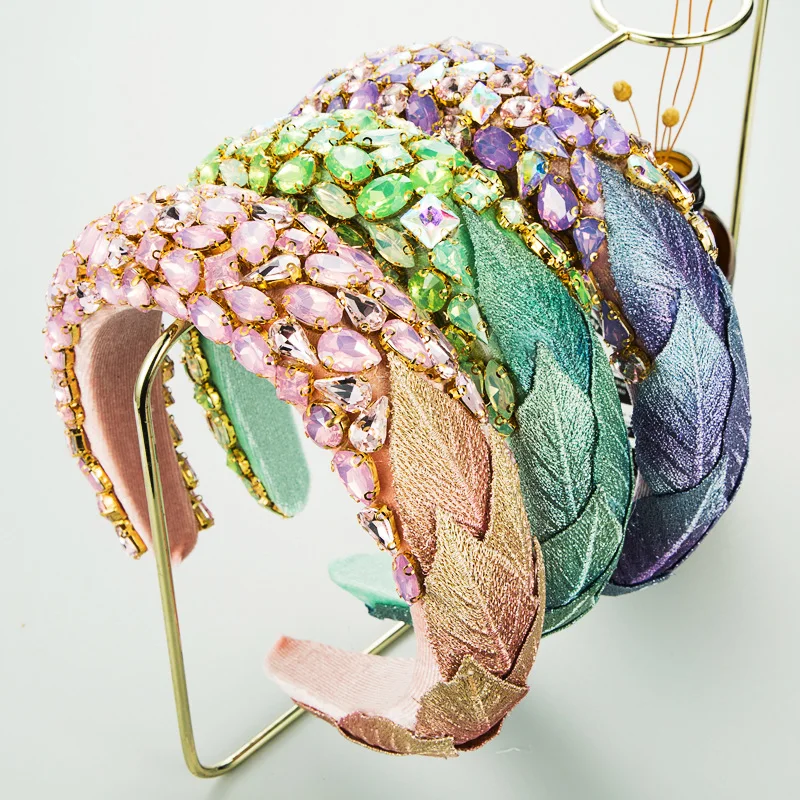 Luxury Full Crystal Pink Green Purple Padded Fashion Hairbands Rhinestone Women Headbands Wedding Headdress Hair Accessories