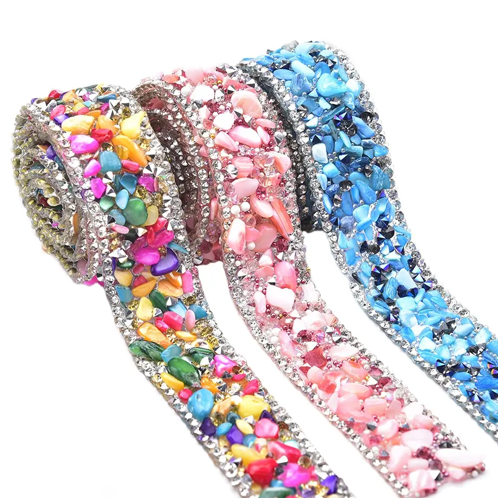 Crystal Rhinestone Trim Hotfix Ribbon Color Artificial Gemstone Crushed Stone Iron On Applique Banding Diy Wedding Dress Shoes