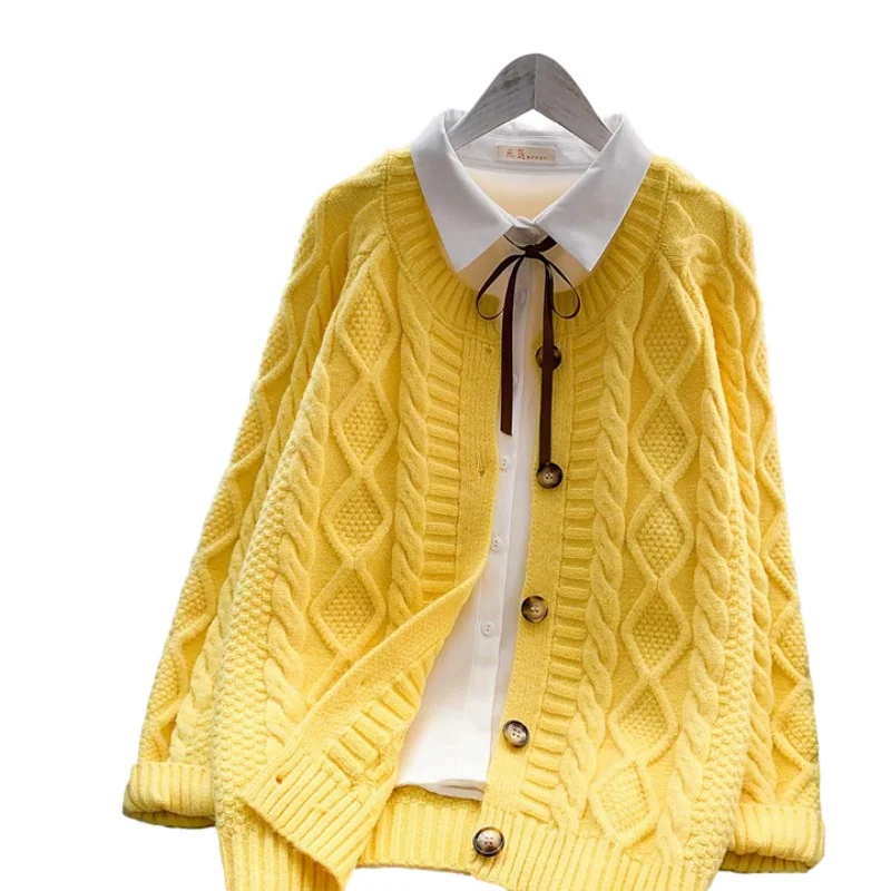 Fashion Sweater Women Cardigan Beige Blue Pink Yellow Knit Jacket Coat New Korean Loose O-Neck Long Sleeve Knitted Tops Female