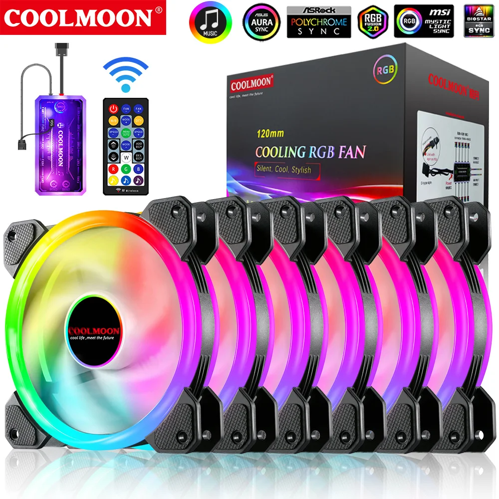 Coolmoon 120mm RGB Cooling Fan Mute PC Computer Case Gamer Cabinet Cooler with IR Remote Heatsink Radiator Ventilador Aura Sync