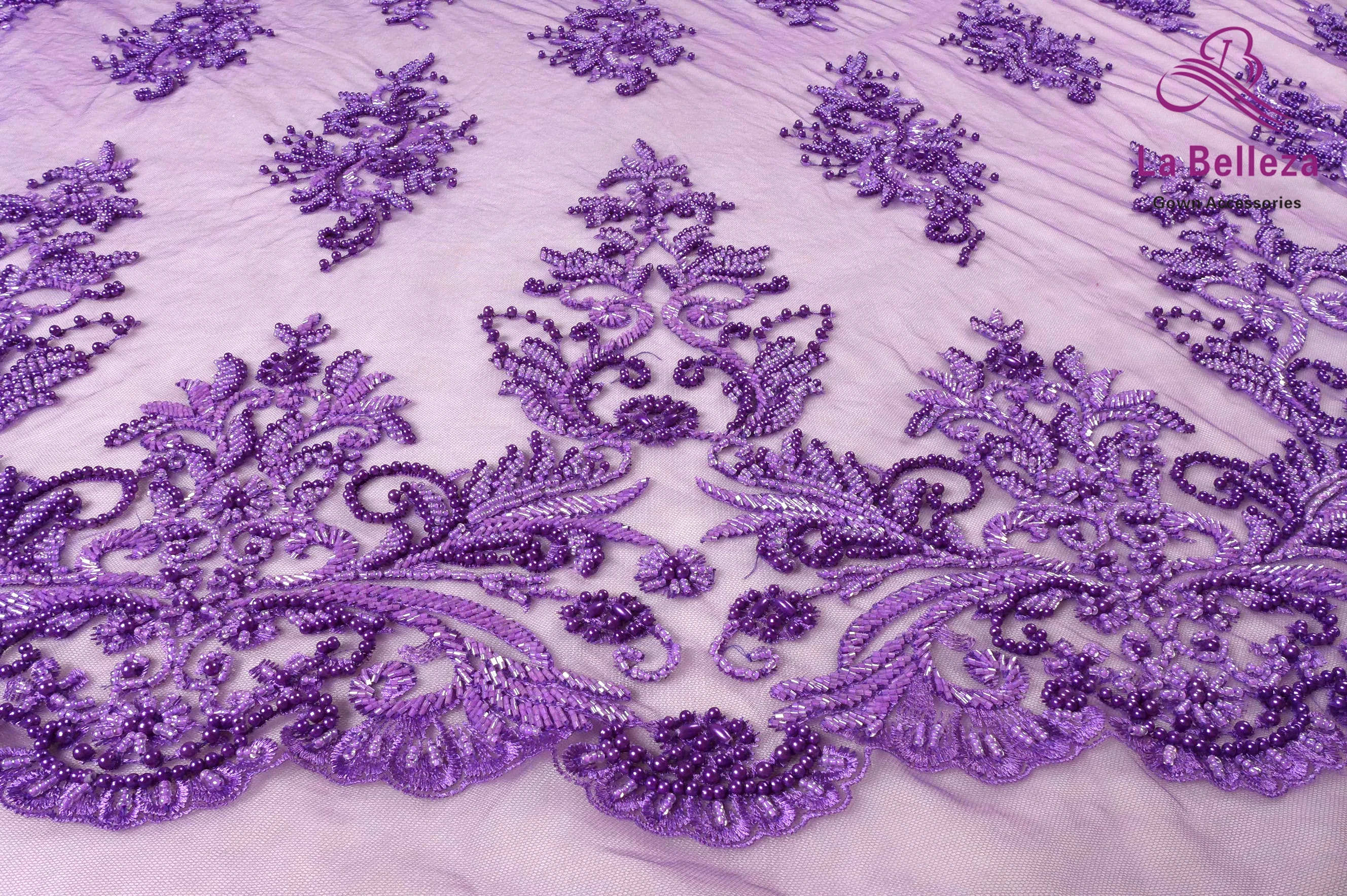 

La Belleza purple lac New fashion design heavy handmade beading pearls wedding dress lace fabric 1 yard Purple ivory blac fabric