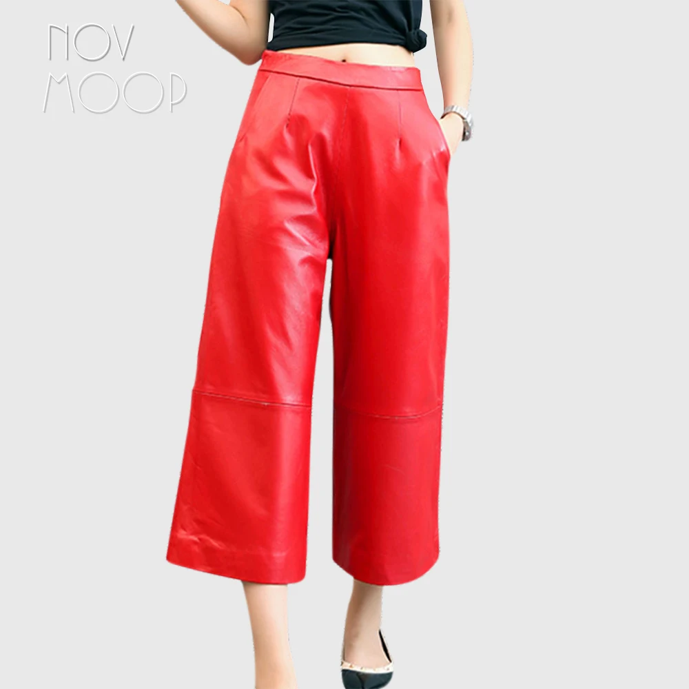 

Black genuine leather pants 100% lambskin wide leg pants leather trousers pantalon femme pantalones mujer LT858 FREE SHIPPING