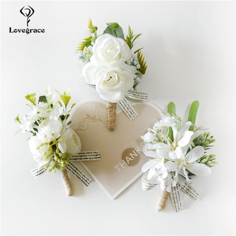 Boutonniere Corsage ข้อมือสร้อยข้อมือแต่งงานเจ้าสาวดอกไม้ผ้าไหมสีขาว Rose Boutonniere เจ้าบ่าวเจ้าสาว Buttonhole แต่งงานอุปกรณ์เสริม