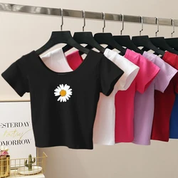 11 Colors Print Crop Top Women T-shirt Cropped Slim High Waist Short Sleeve Basic Summer Clothes Tops Woman Tee Kpop Clothing