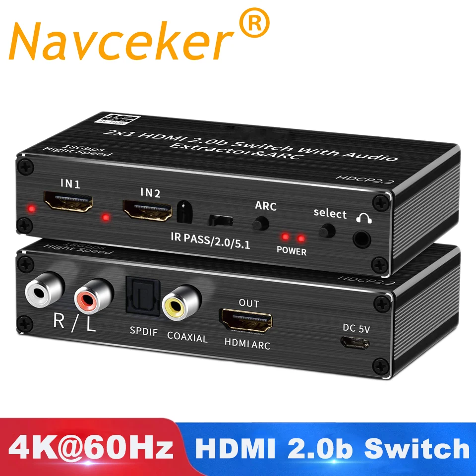 Ekstraktor dźwięku HDMI 4K 120Hz obsługa 4K 5.1CH 2-portowy przełącznik HDMI na HDMI audio ARC z dźwiękiem toslink stereo dla Apple TV PS5