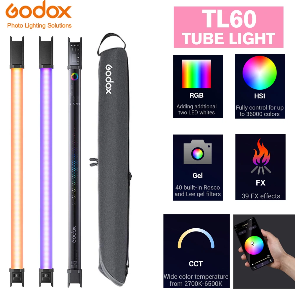 

Световая трубка Godox TL60, ручной светильник с RGB-подсветкой для фотостудии, светильник поддержкой дистанционного управления через приложение